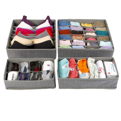 Multi Compartment Undergarments Organiser, Drawer Divider for Underwear, Lingerie, Bras, Socks, Ties, 6/7/ 8/24 Cells, 4 Piece Set, Grey