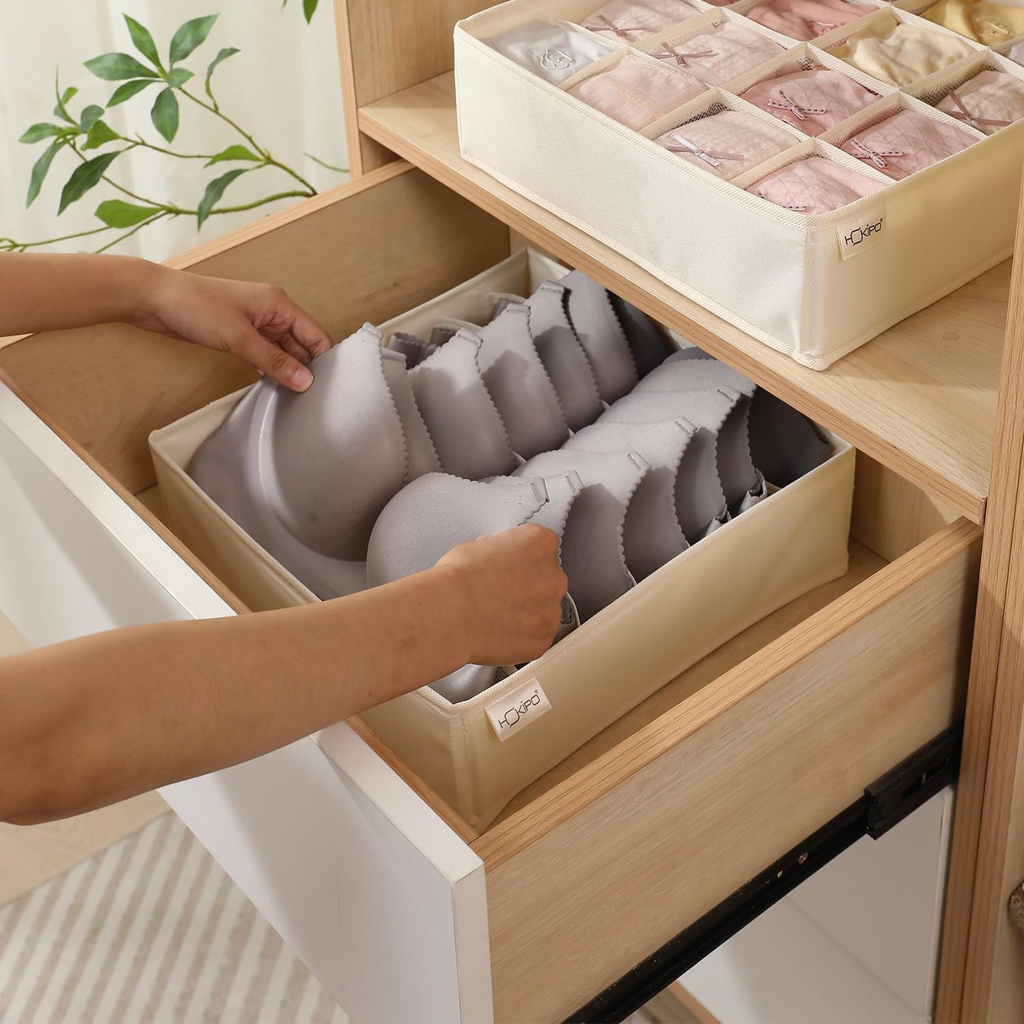 Undergarment Organizer Storage Box for Drawers Panty Socks Tie Lingerie Organizer for Wardrobe, 7/16/24 Grid, Beige