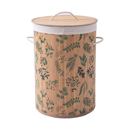 Eco-Friendly Foldable Bamboo Laundry Basket Hamper with Lid, Large, 61 Litre, Fern Leaves
