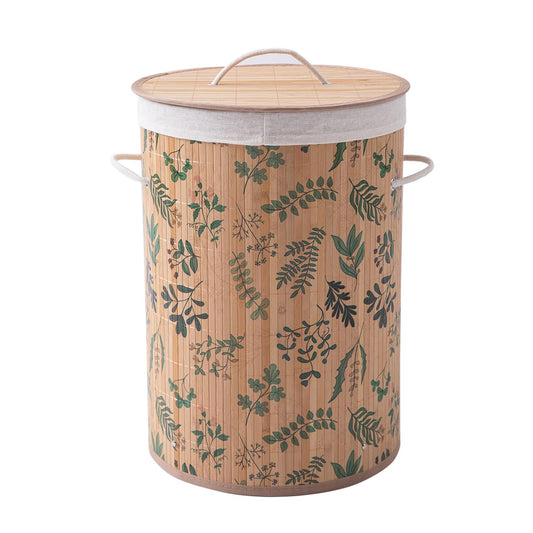 Eco-Friendly Foldable Bamboo Laundry Basket Hamper with Lid, Large, 61 Litre, Fern Leaves