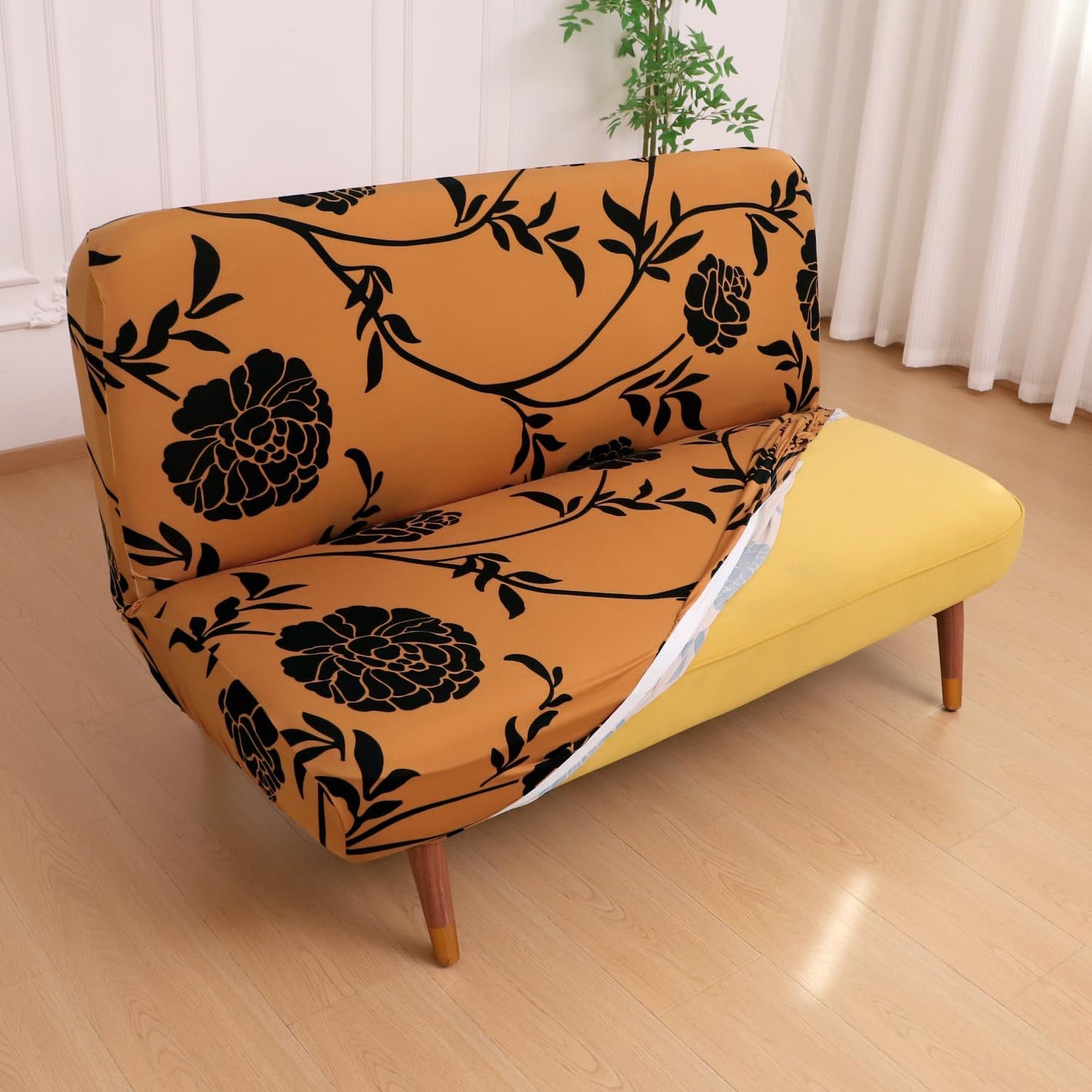 Elira Series Stretchable Elastic Armless Sofa Cover – 140 GSM, Futon Slipcover, Easy Fit, Copper Brown Floral