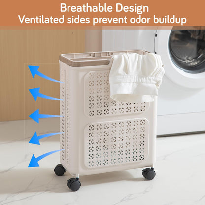 HOKIPO Foldable Laundry Basket with Wheels for Clothes, Toys & More - Beige
