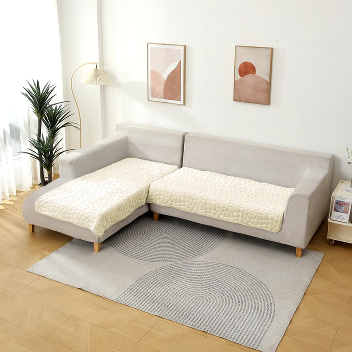 Premium Pebble Milk Velvet Sofa Cover Mat for L Shape Sofa (3+2 Seater), Bliss White