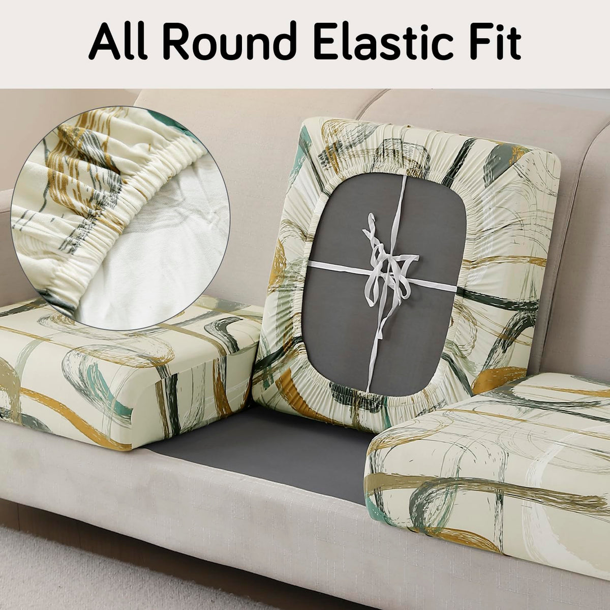 140 GSM Stretchable Printed Elastic Sofa Cushion Seat Cover for 1 /2 /3 Seaters / Pieces for Sofa, Parchement Beige Abstract Art