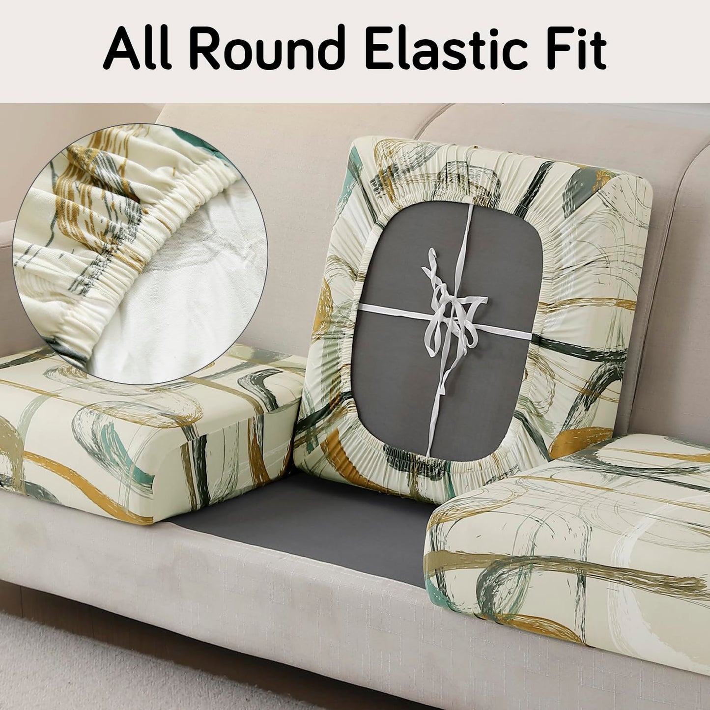 140 GSM Stretchable Printed Elastic Sofa Cushion Seat Cover for 1 /2 /3 Seaters / Pieces for Sofa, Parchement Beige Abstract Art