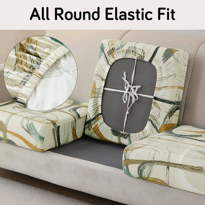 140 GSM Stretchable Printed Elastic Sofa Cushion Seat Cover for 1 /2 /3 Seaters / Pieces for Sofa, Parchement Beige Abstract Art