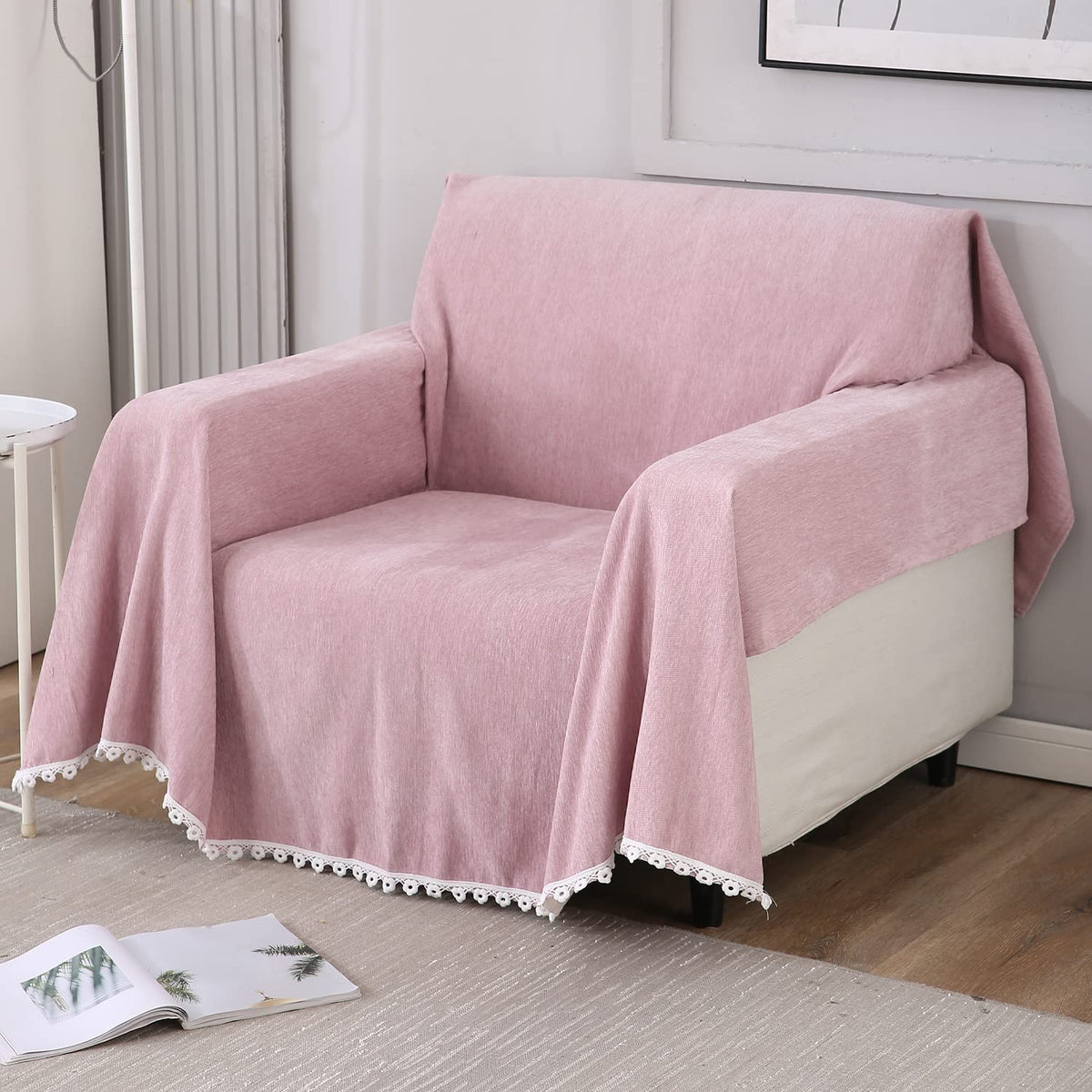 1 Seater elegant Pink colour chenille sofa throw of size 180(D)x180(L) 
