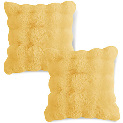Buy Honey Yellow Colour Zippered faux rabbit fur pillow covers in set of 2