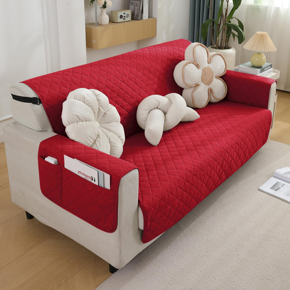 Quilted Waterproof Sofa Cover Mat with Pockets on Armrest Cover - Red