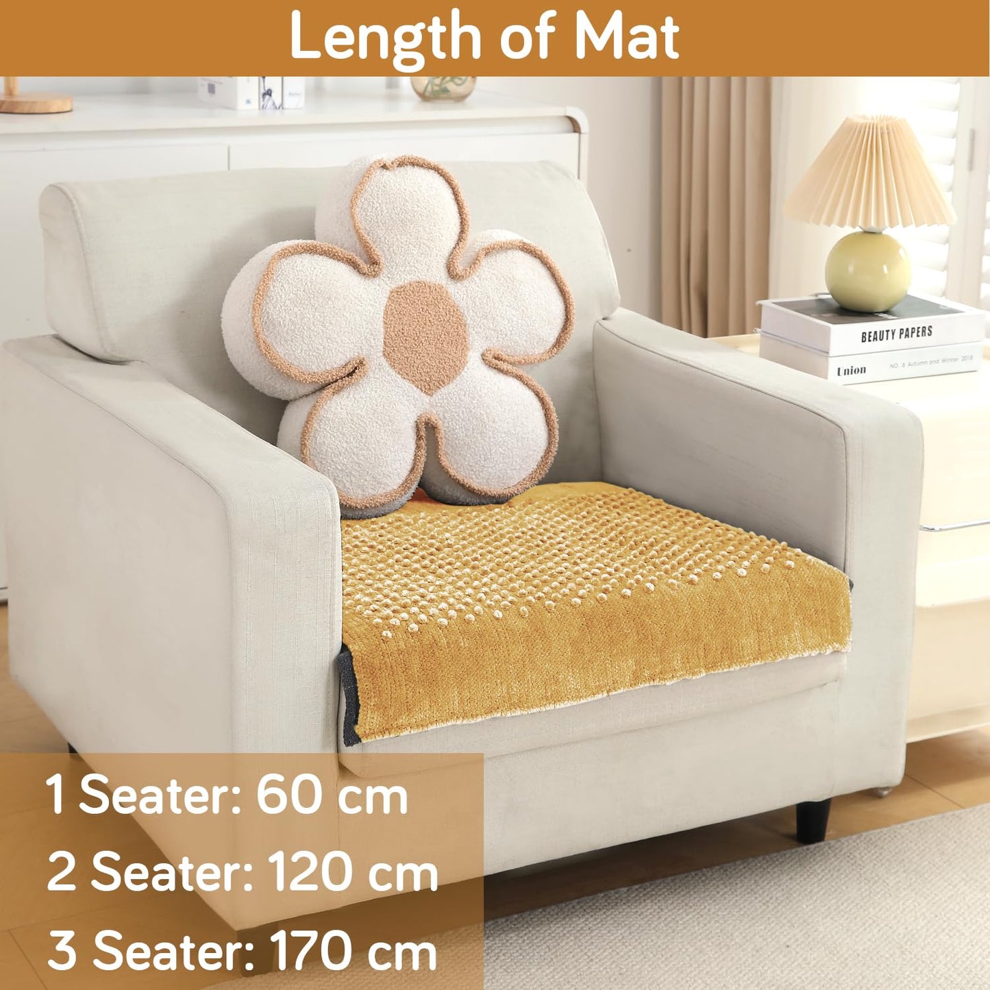 Handloom Made Thick Poly Velvet Reversible Sofa Mat for 1/2/3 Seater, Buff Cream
