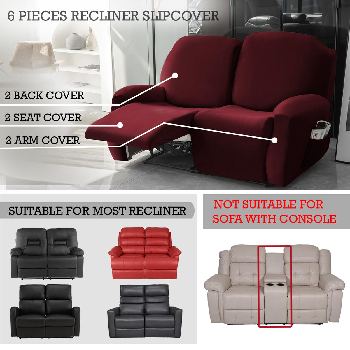 Elastic Stretchable Premium Velvet Recliner Cover, Burgundy