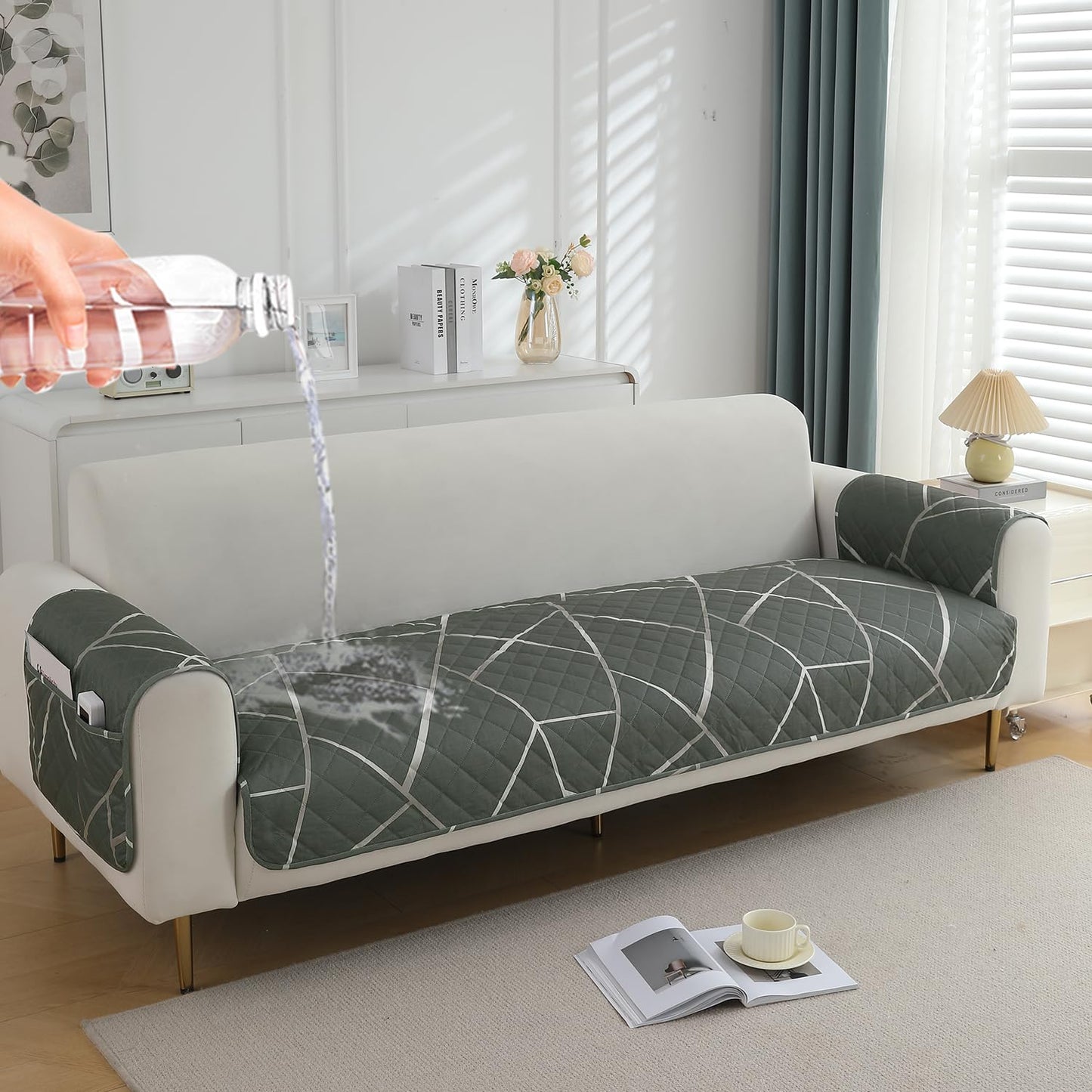 HOKIPO Quilted Waterproof Sofa Seat Mat with 2 Armrest Covers with Pockets, Abstract Geometric Shadow Grey