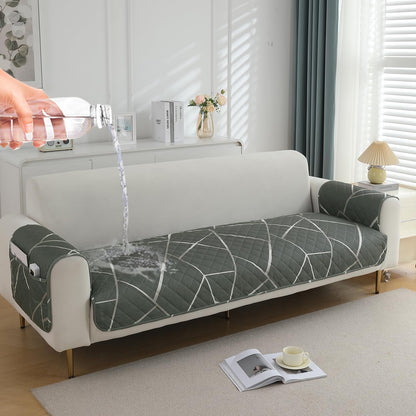 HOKIPO Quilted Waterproof Sofa Seat Mat with 2 Armrest Covers with Pockets, Abstract Geometric Shadow Grey