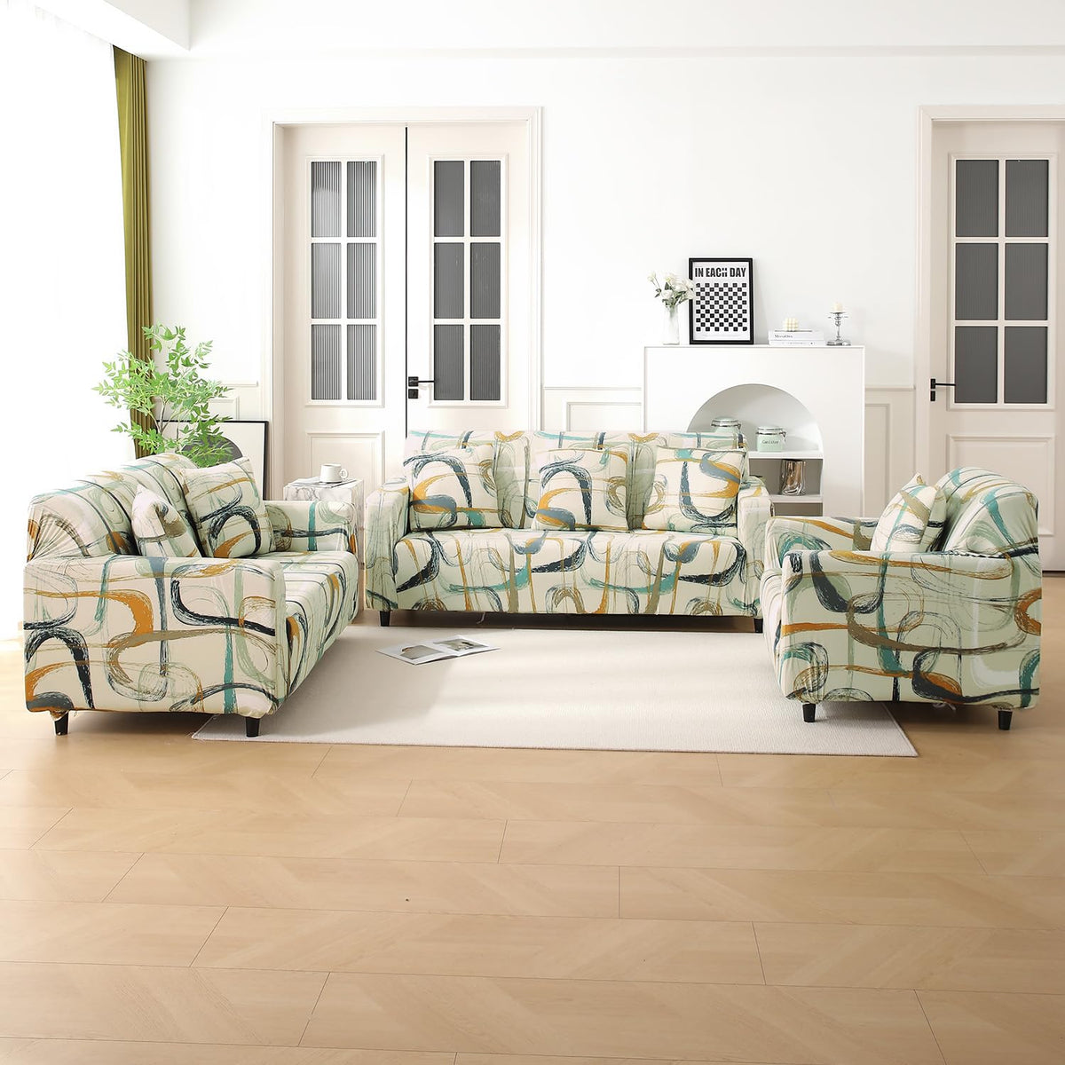 Elastic Stretchable Printed 140gsm Fully Covered Sofa Cover, Parchement Beige Abstract Art