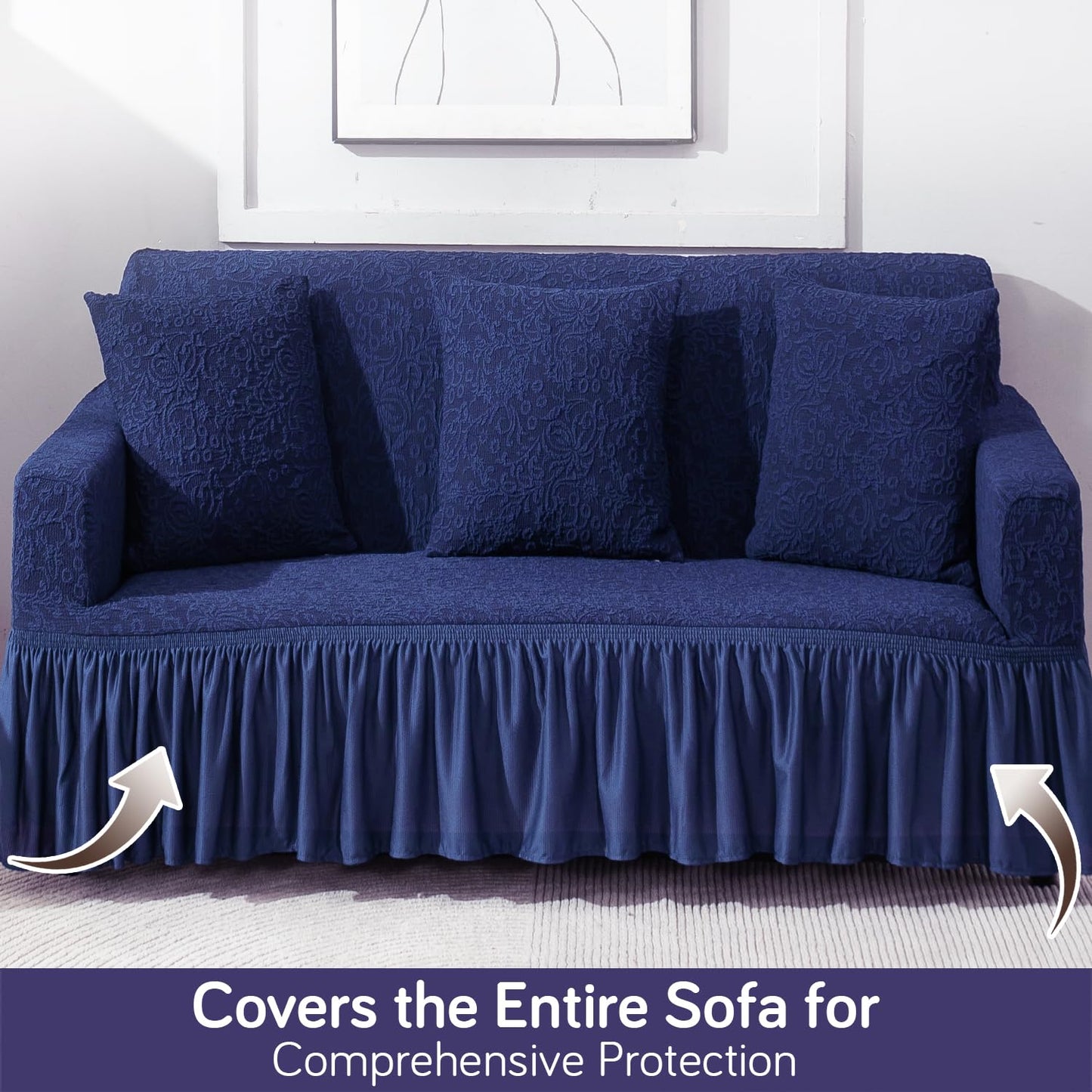 Elastic Stretchable Designer Woven Jacquard Sofa Cover with Frill, Navy Blue