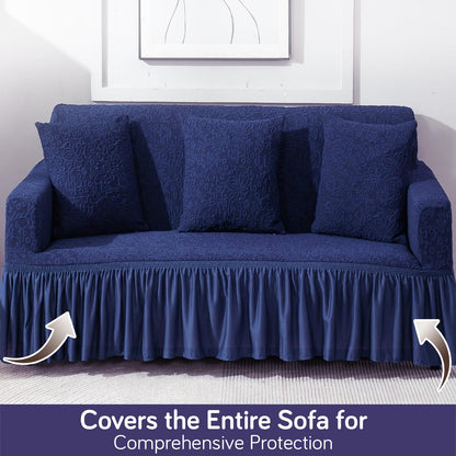 Elastic Stretchable Designer Woven Jacquard Sofa Cover with Frill, Navy Blue