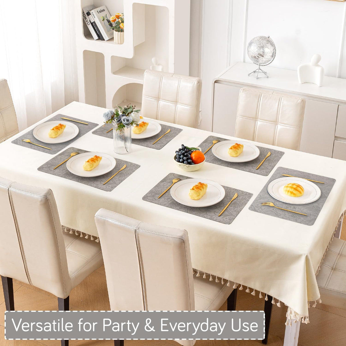 Hibiscus Bloom Washable Leather Mats for Dining Table - Stone Grey