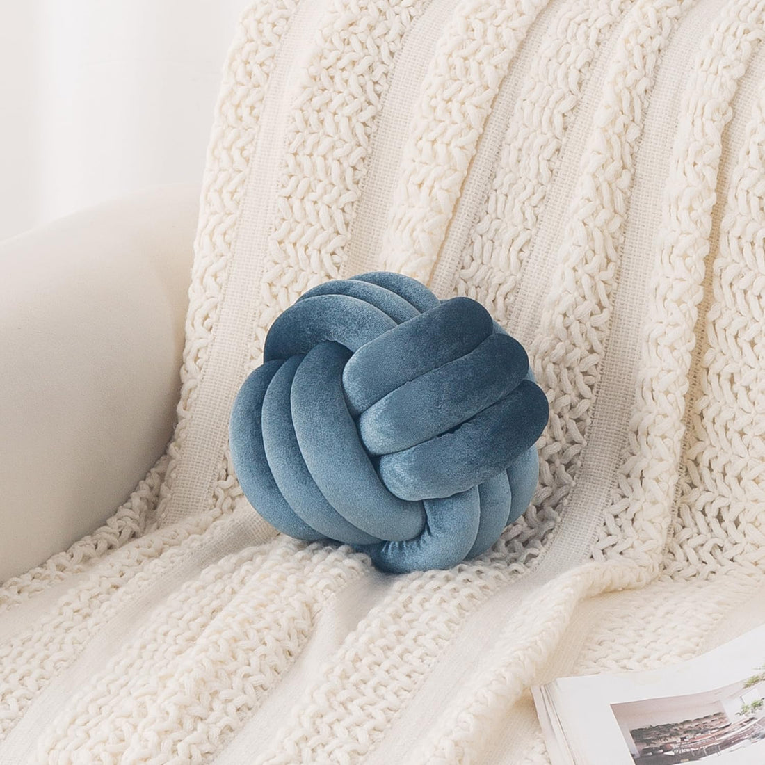 HOKIPO Velvet Knot Ball Cushion for Sofa & Bed, 20 cm, Blue