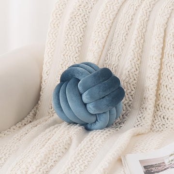 HOKIPO Velvet Knot Ball Cushion for Sofa & Bed, 20 cm, Blue