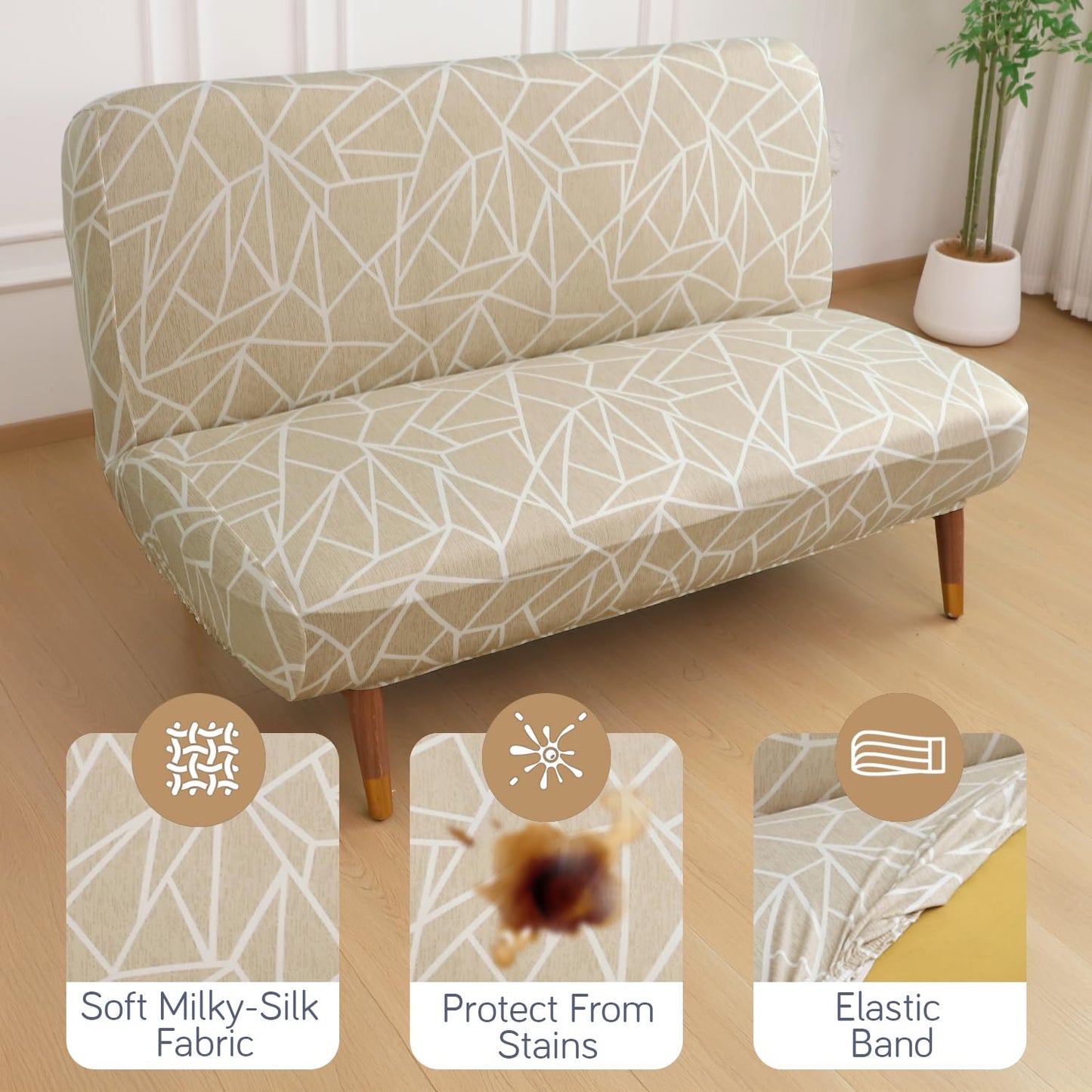 Elira Series Stretchable Elastic  Armless Sofa Cover – 140 GSM, Futon Slipcover, Easy Fit, Beige Abstract Geometry