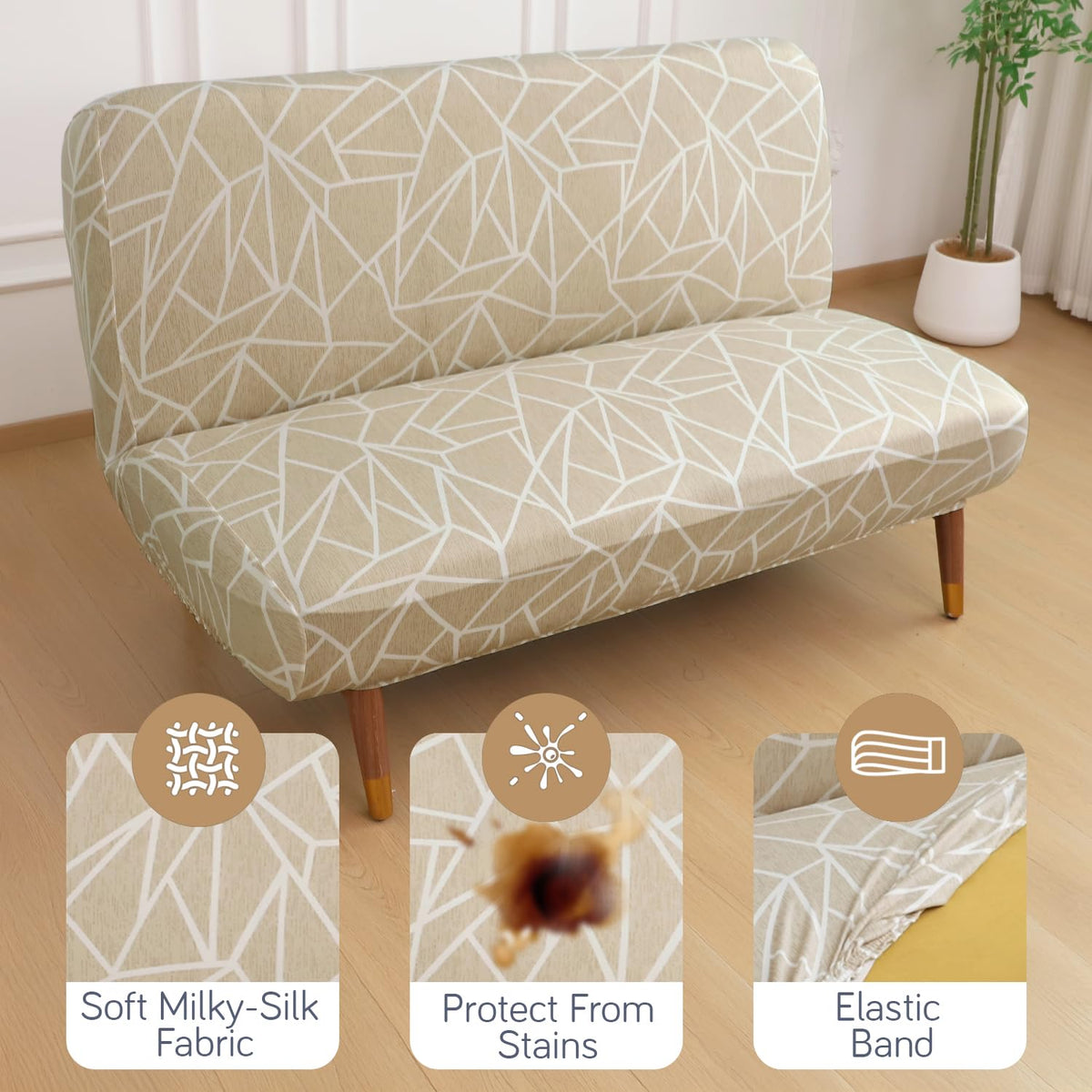 Buy Beige Abstract Geometry Printed sofa cum bed cover with soft milky-silk fabric, stain protection & secure elastic band fit | HOKIPO