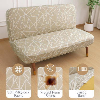 Elira Series Stretchable Elastic  Armless Sofa Cover – 140 GSM, Futon Slipcover, Easy Fit, Beige Abstract Geometry