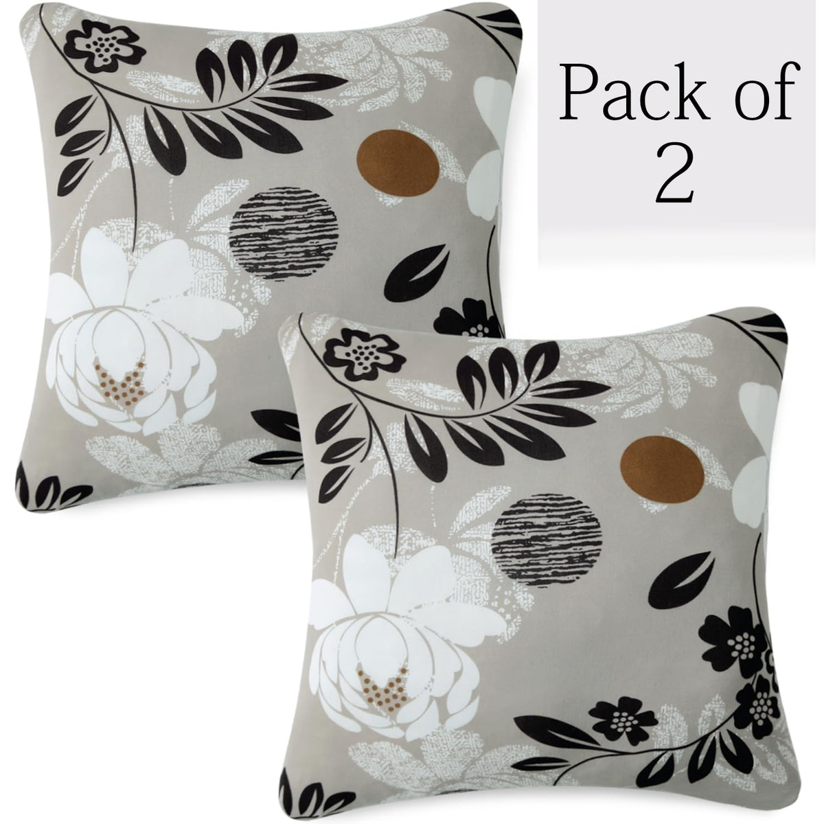 Feather Brown Floral Print 16x16 zippered square sofa cushion covers Set of 2