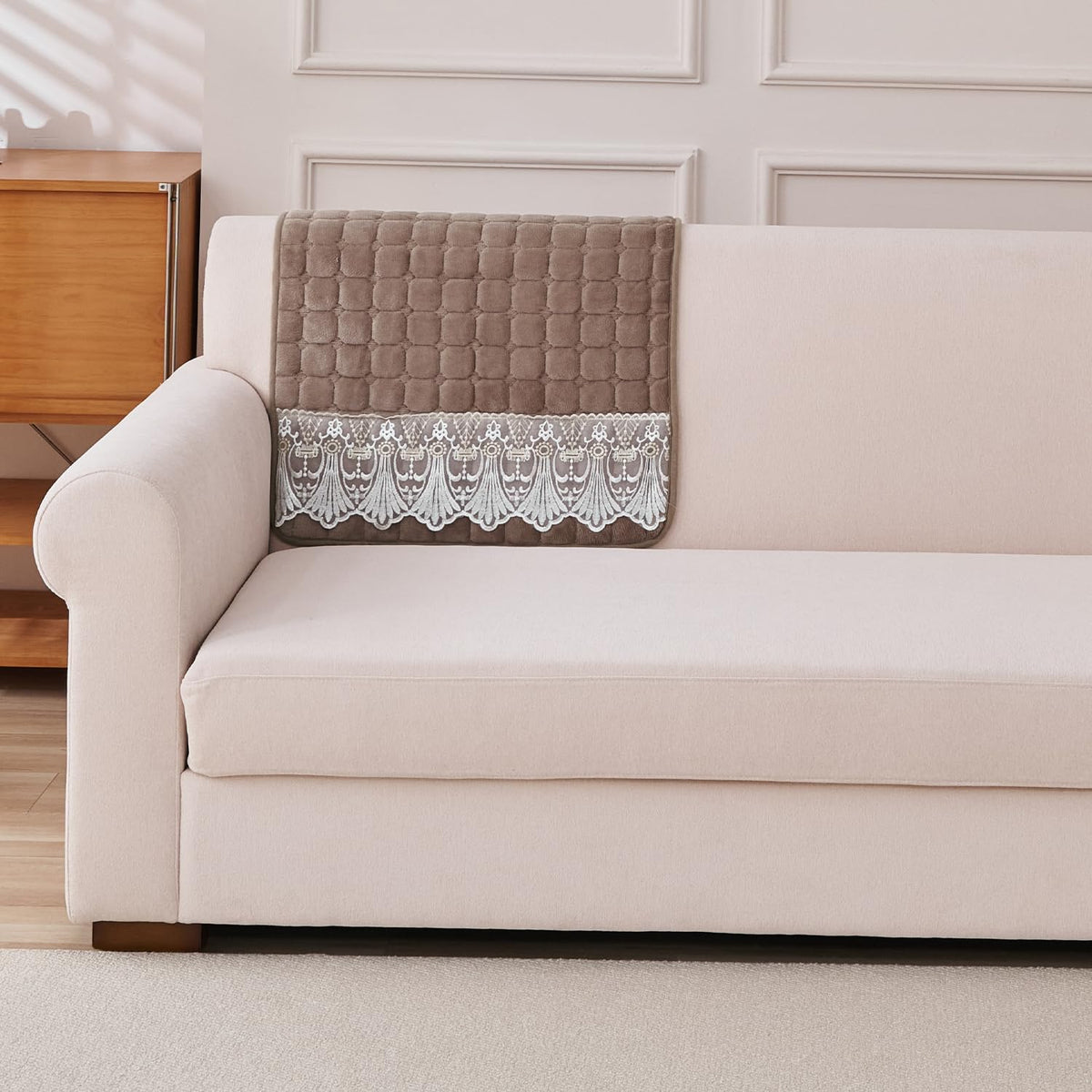 BelleLace Series Premium Imperial Milk Velvet Sofa Cover Mat with Lace Design -  Mocha Brown