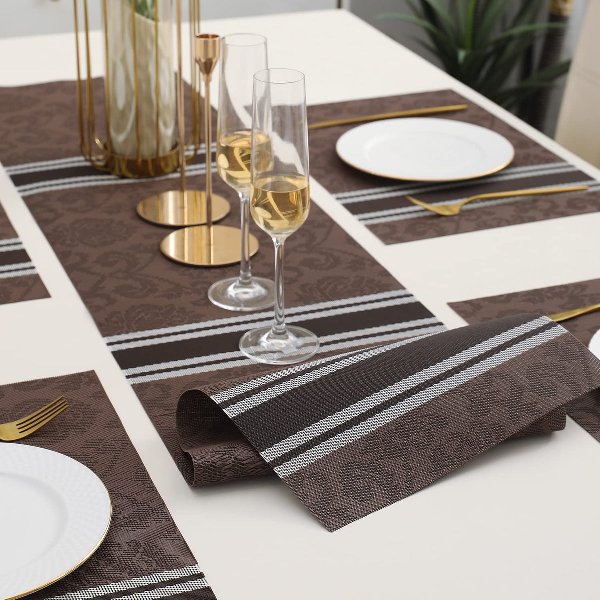 PVC Dining Table Mats, Damask Brown