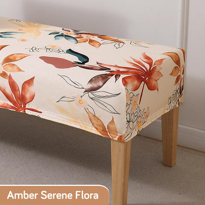 Premium Printed Velvet Elastic Dining Bench Cover, Amber Serene Flora