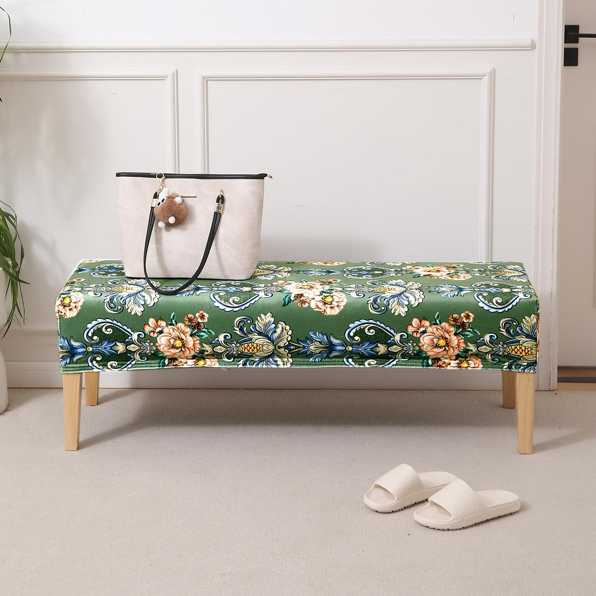 Premium Printed Velvet Elastic Dining Bench Cover, Green Victorian Garden
