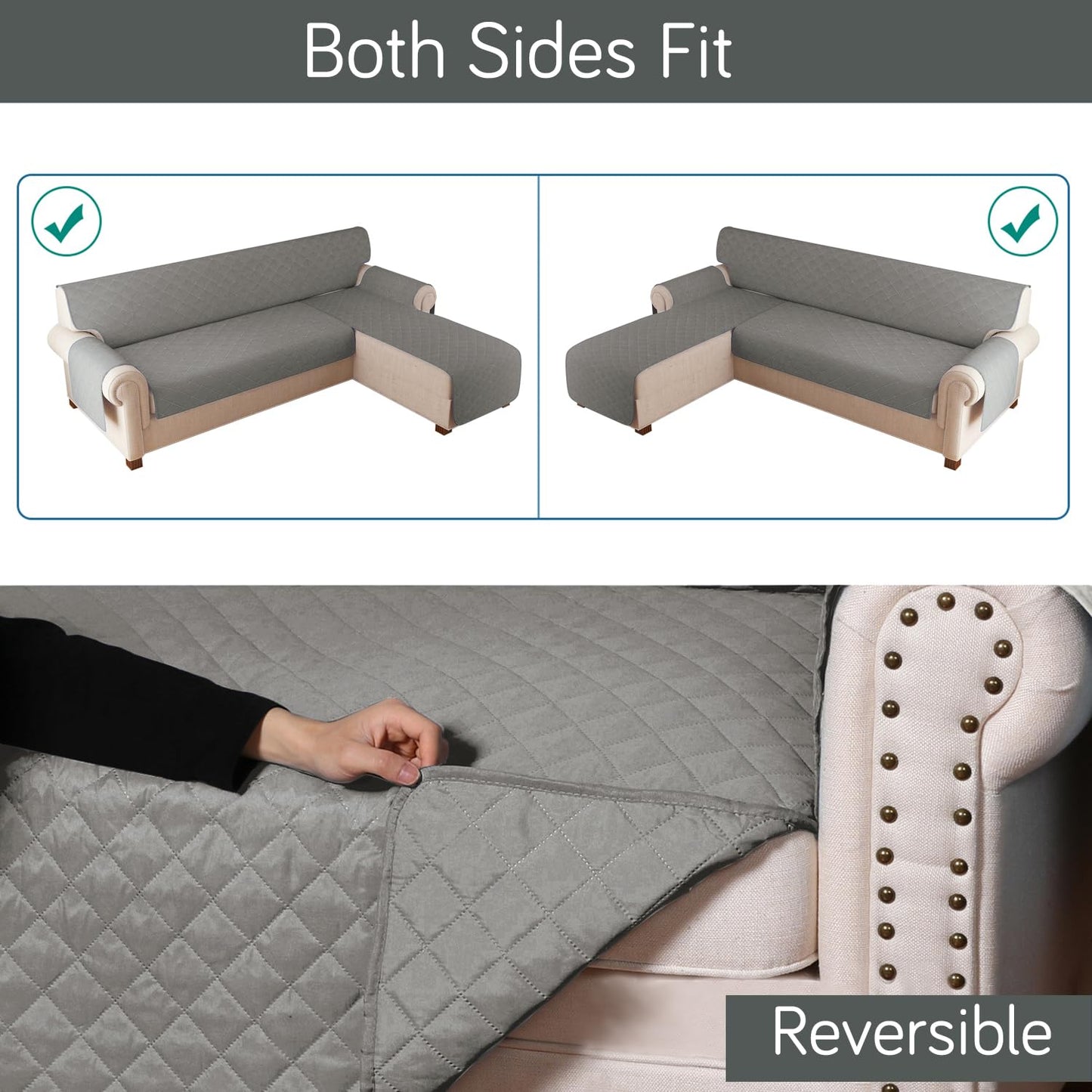 HOKIPO Quilted Reversible One Piece L Shape 4/5/6 Seater Sofa Cover Mat, Light Grey