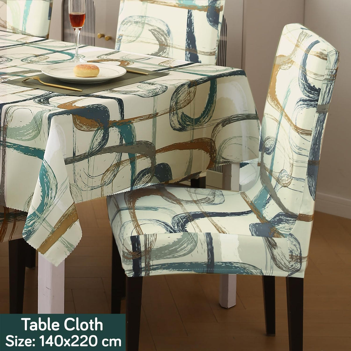 Elastic Dining Chair Covers with Matching Tablecloth, Parchement Beige Abstract Art