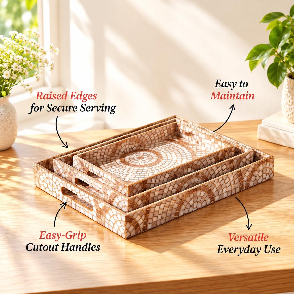 HOKIPO Serving Tray Set of 3, Engineered Wood, Meher Mosaic - image 9