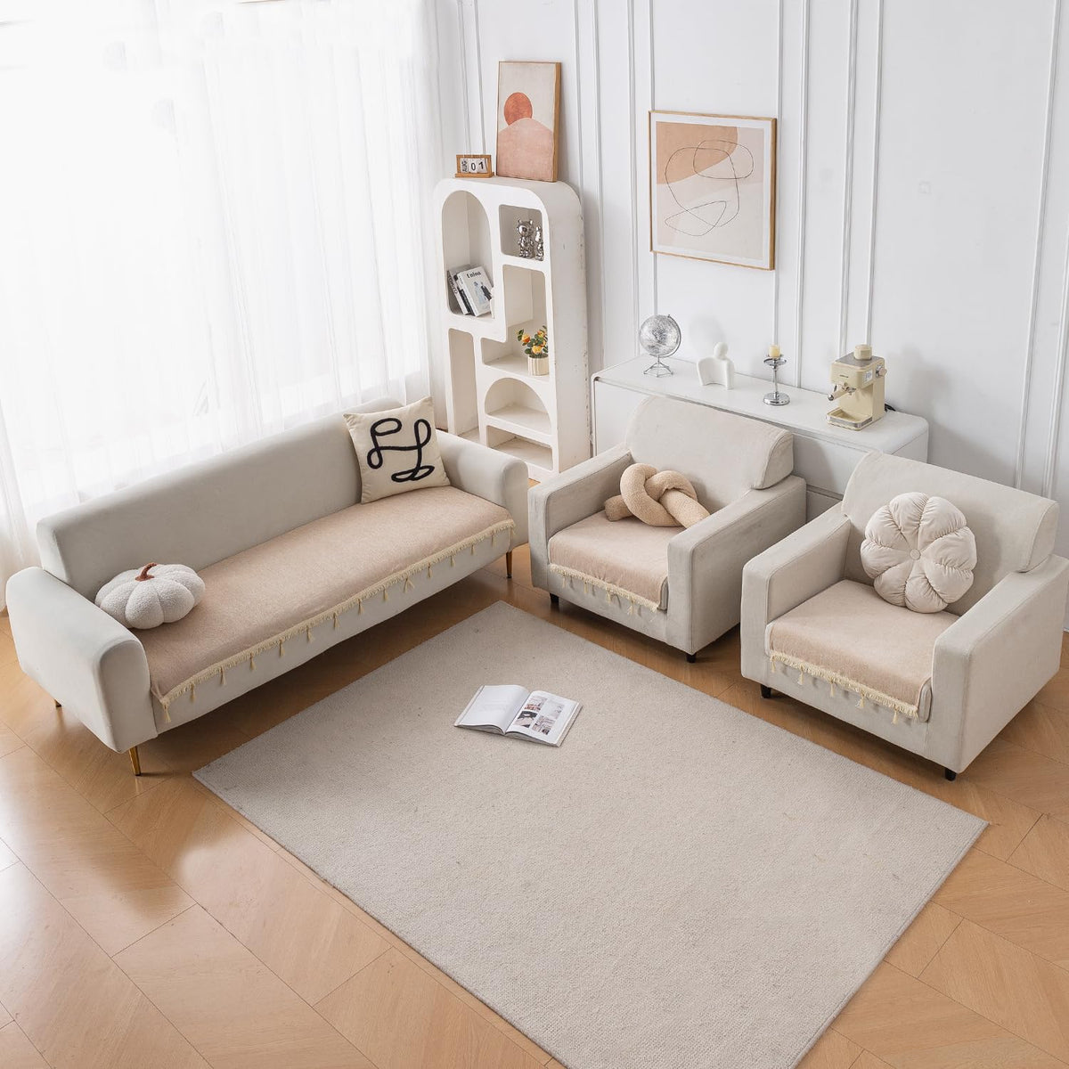 Serenity Tassel Chenille Sofa Cover with Tassel – Ivory Fringe