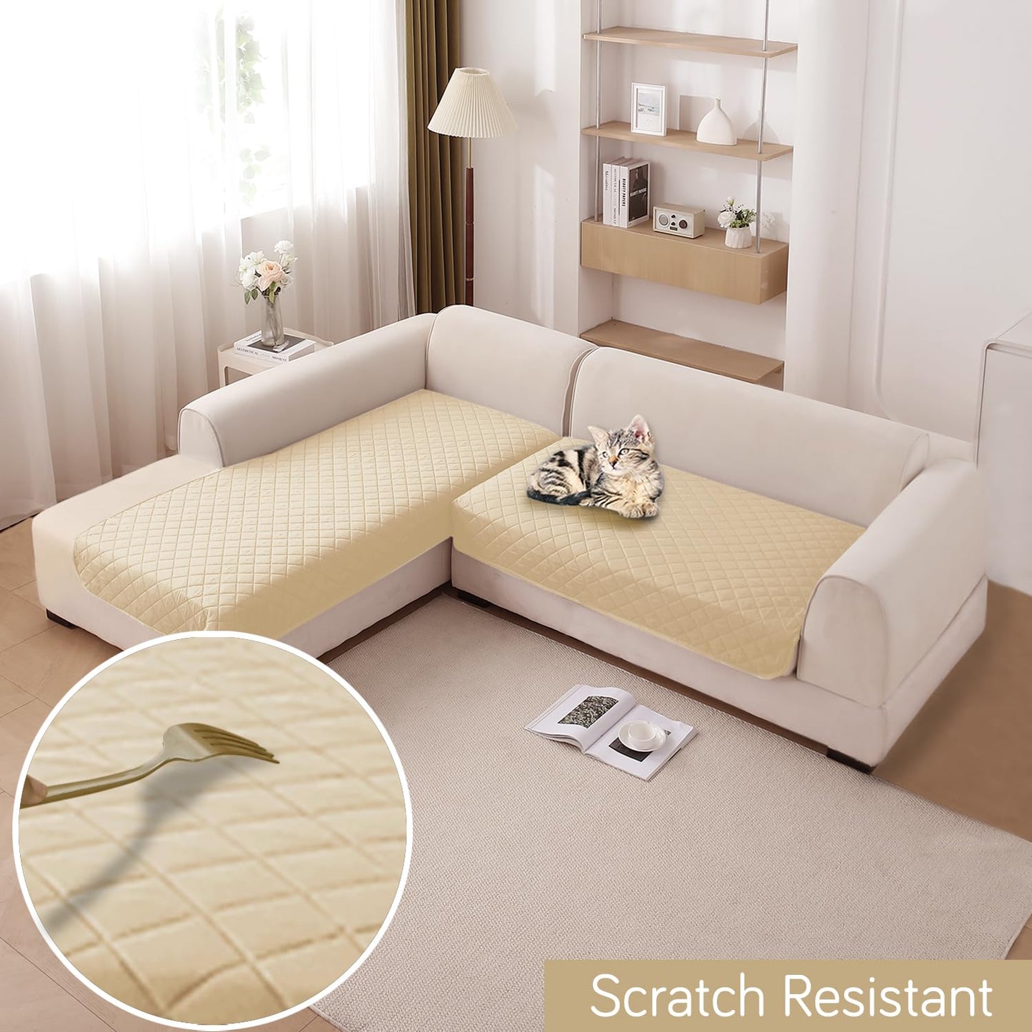 HOKIPO Waterproof Quilted Quick Dry L Shape Sofa Seat Cover Mat, Beige