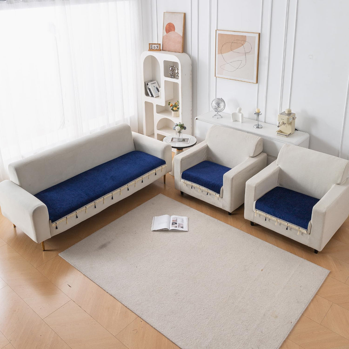 Serenity Tassel Chenille Sofa Cover with Tassel – Sapphire Navy