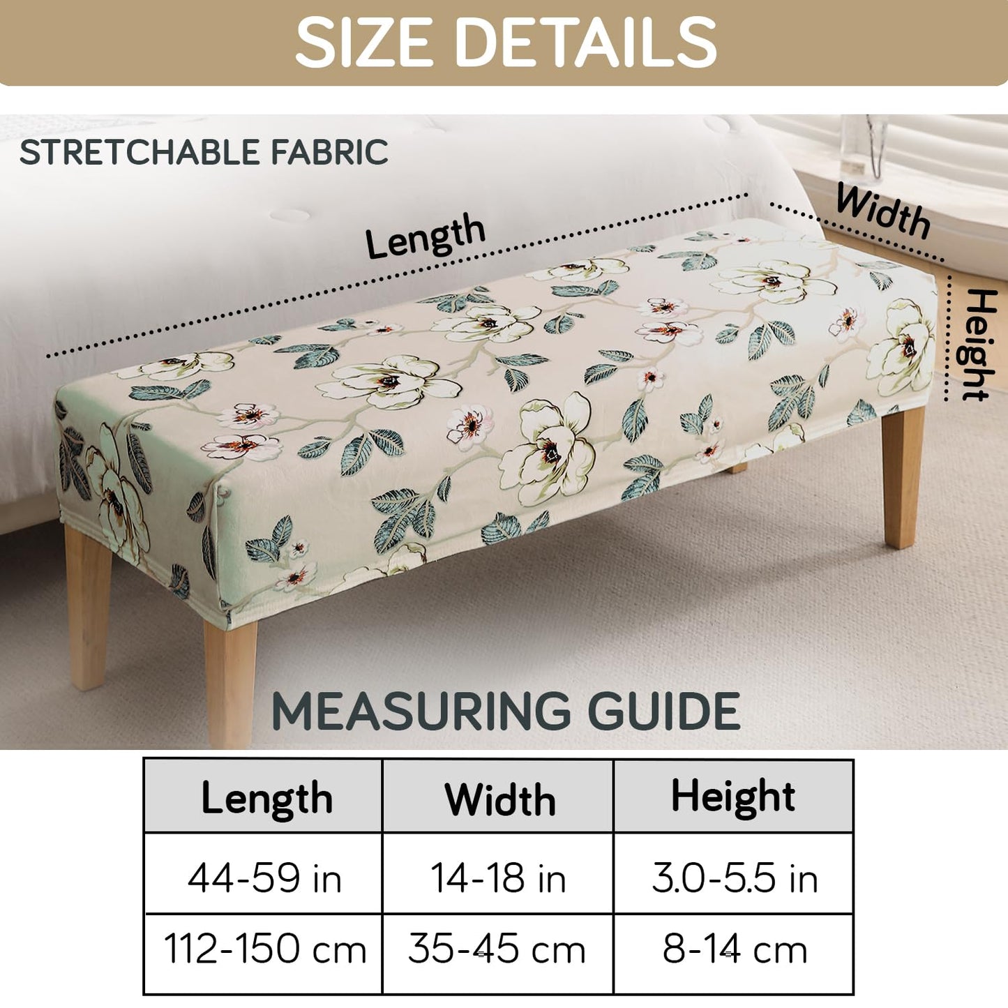 Premium Printed Velvet Stretchable Dining Bench Slipcover, Buttercream Magnolia Whisper