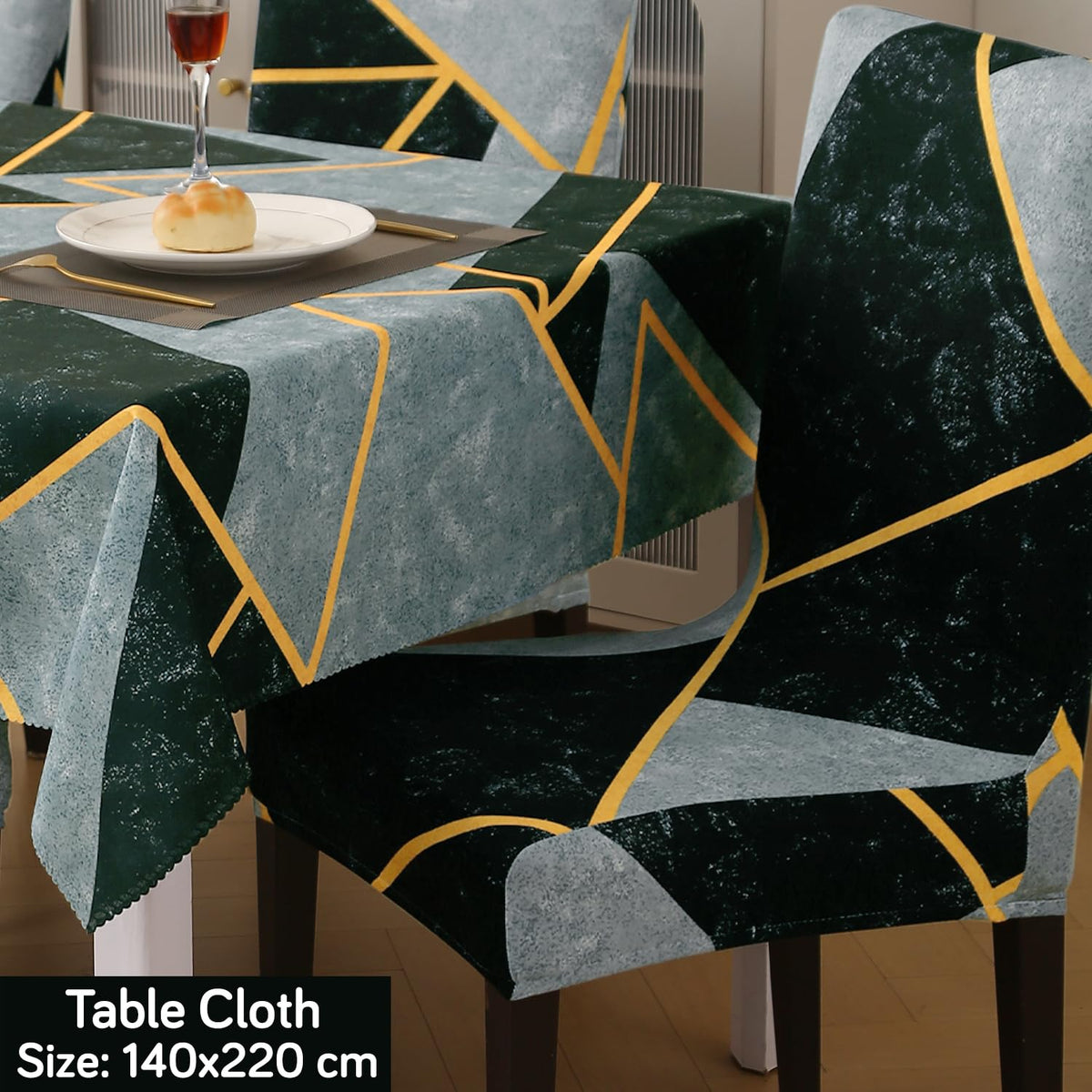 Elastic Dining Chair Covers with Matching Tablecloth, Multicolor Abstract Geometry