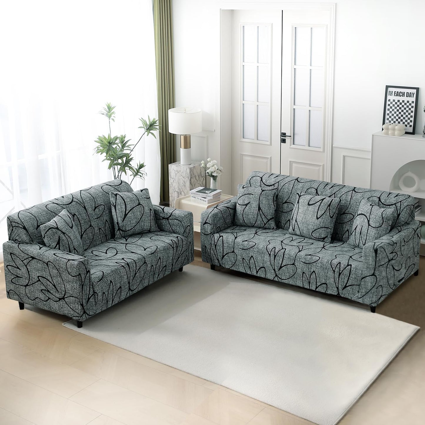 Elastic Stretchable Printed 140gsm Fully Covered Sofa Cover, Intense Grey Abstract Floral