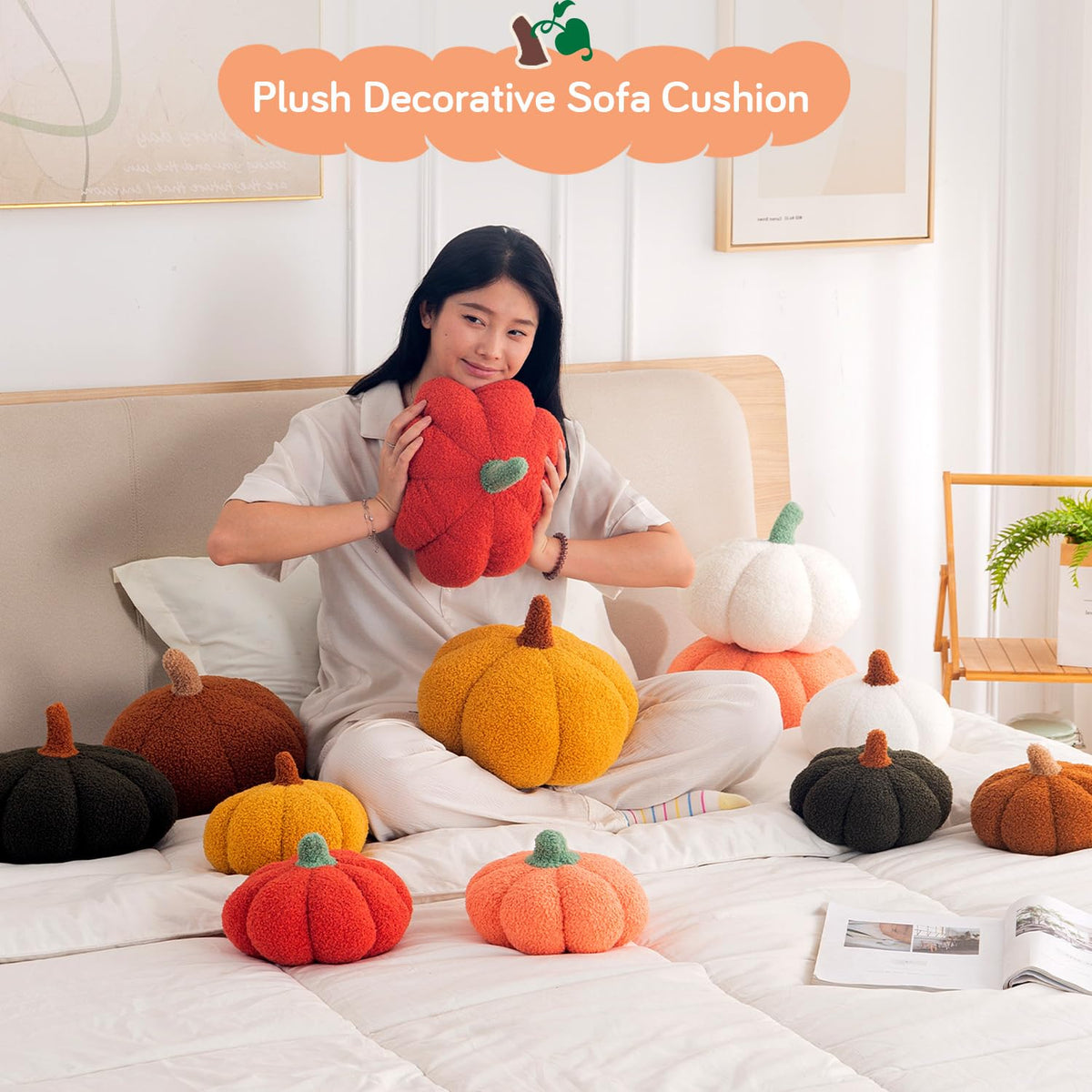 HOKIPO Pumpkin Shaped Plush Cushion for Autumn Decor, 19 cm, Peach