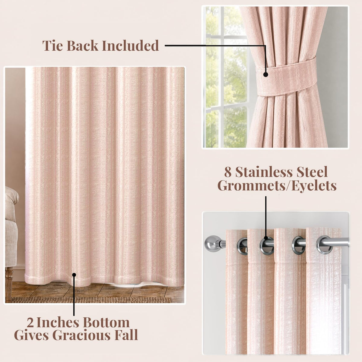 HOKIPO Royal Blend Eyelet Curtains, 7 Feet Long - Blush Pink - image 4