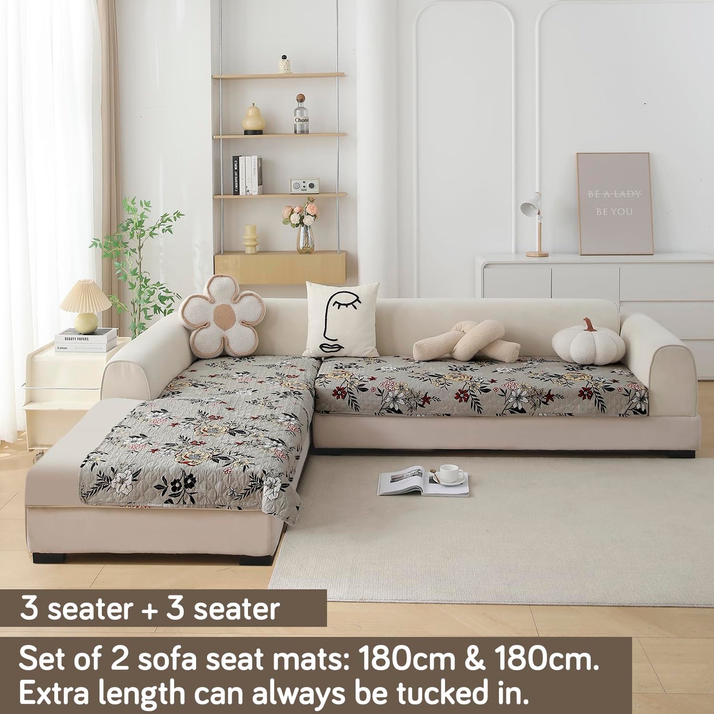L Shape Sofa Cover Mat for 2+2/3+2/3+3 Seater, Quilted Printed Floral Ash Grey