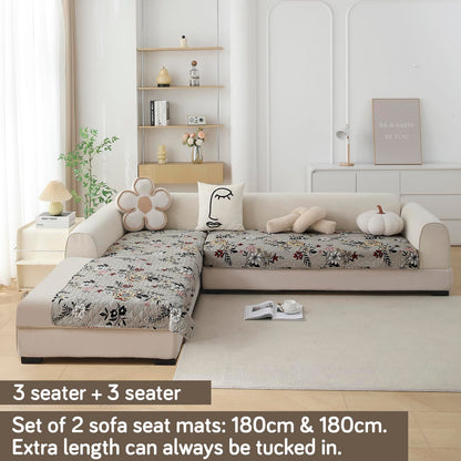 L Shape Sofa Cover Mat for 2+2/3+2/3+3 Seater, Quilted Printed Floral Ash Grey