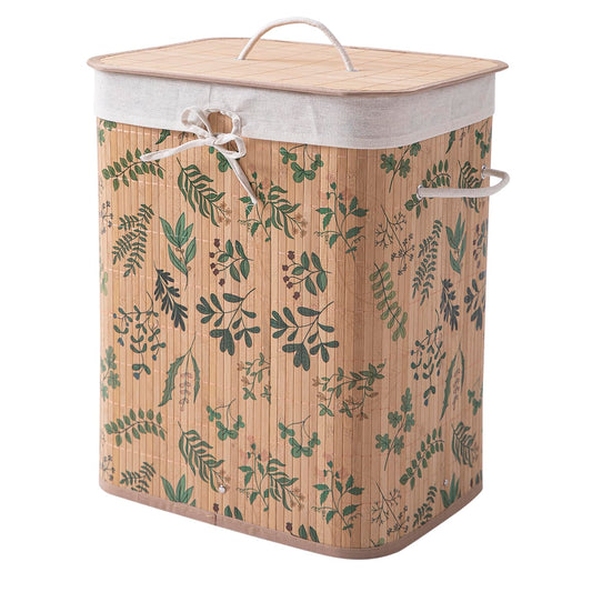 Eco-Friendly Foldable Bamboo Laundry Basket Hamper with Lid, Large - 60 Liter, Fern Leaves