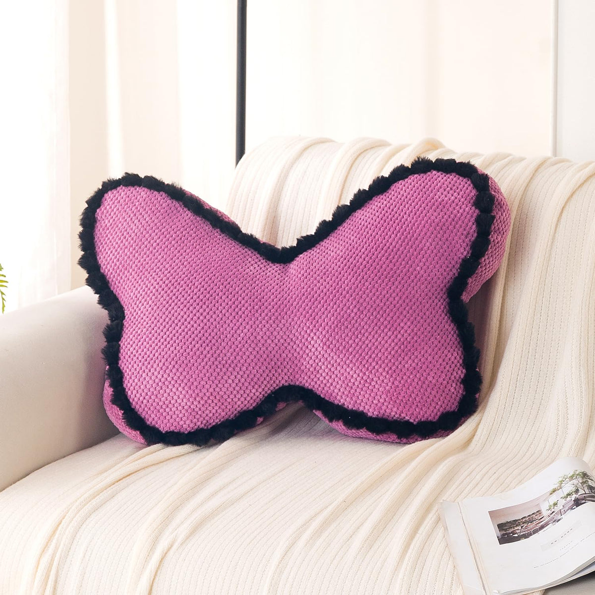 HOKIPO Butterfly Shaped Cushion for Kids Room & Sofa, 53x33 cm, Dark Pink
