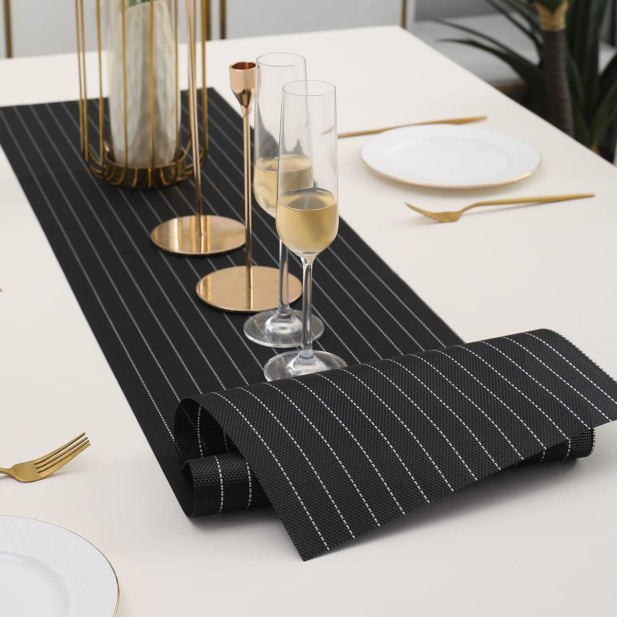 Buy Striped Black Colour PVC Table Runner Mat | HOKIPO