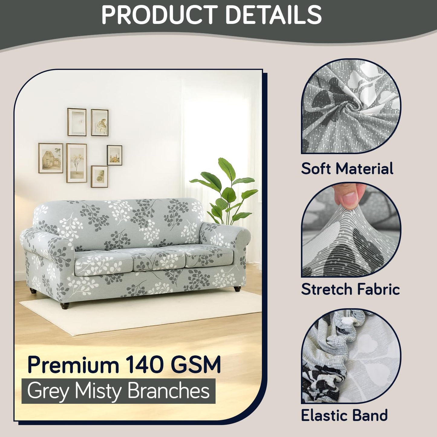 Printed Stretchable Sofa Slipcover with 1/2/3 Pc Separate Seat Cushion Cover for each 1/2/3 Seater, Grey Misty Branches