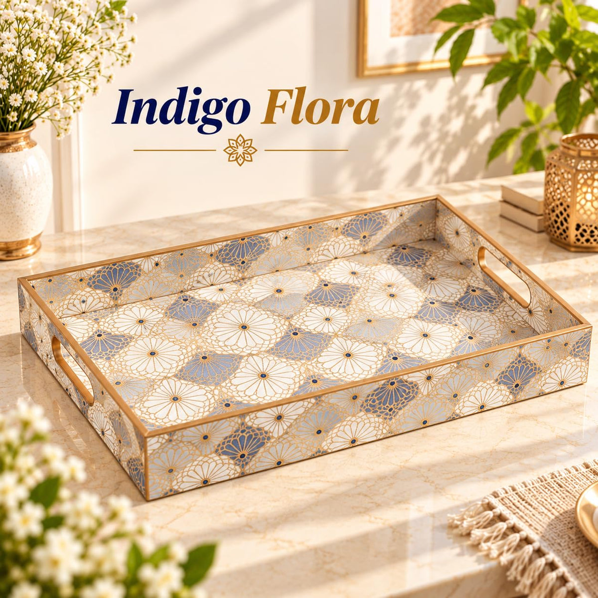 HOKIPO Serving Tray Set of 3, Engineered Wood, Indigo Flora - image 2