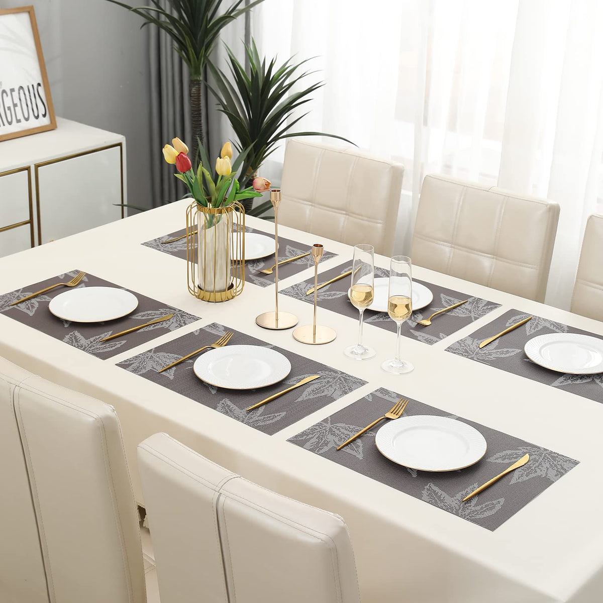 PVC Dining Table Mats, Grey Maple Leaf